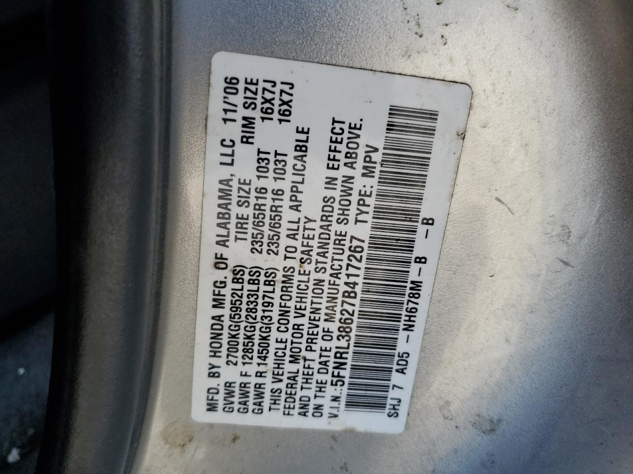 5FNRL38627B417267 2007 Honda Odyssey Exl