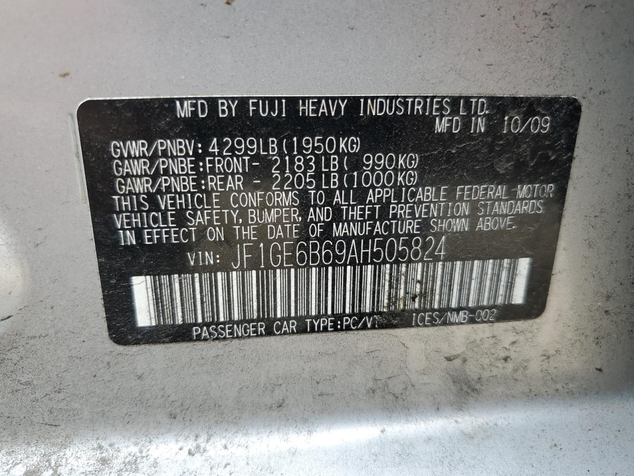 JF1GE6B69AH505824 2010 Subaru Impreza 2.5I Premium