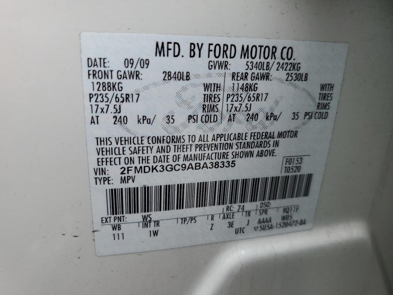 2FMDK3GC9ABA38335 2010 Ford Edge Se