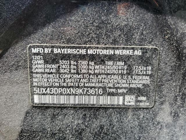 2022 BMW X3 Sdrive30I VIN: 5UX43DP0XN9K73616 Lot: 58226124