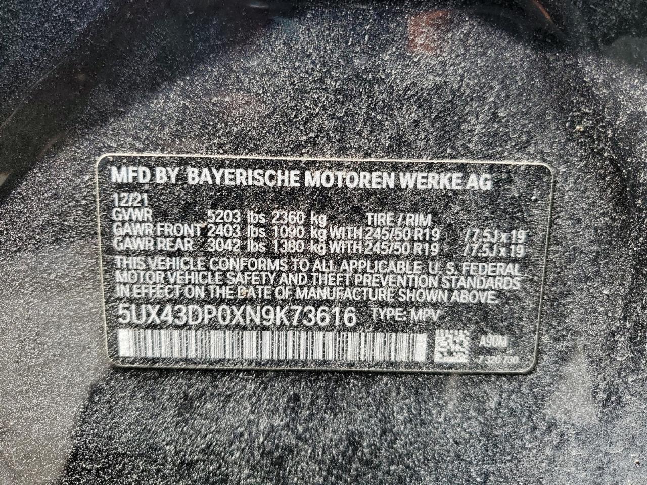 5UX43DP0XN9K73616 2022 BMW X3 Sdrive30I