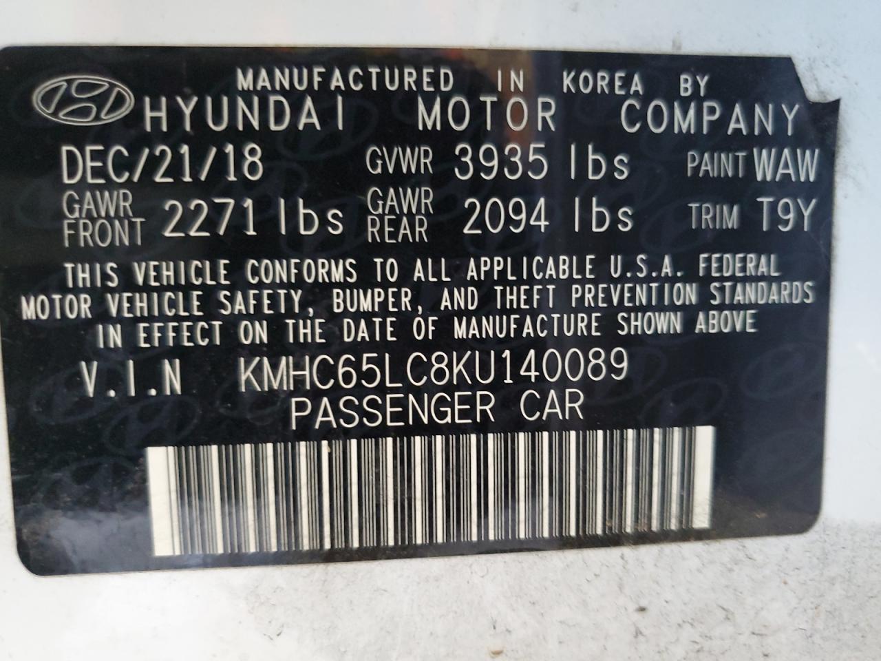 KMHC65LC8KU140089 2019 Hyundai Ioniq Blue