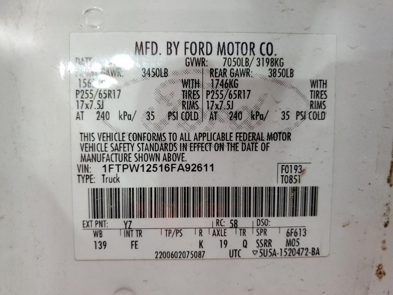 1FTPW12516FA92611 2006 Ford F150 Supercrew