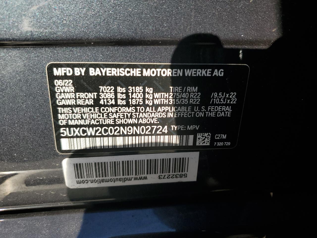 5UXCW2C02N9N02724 2022 BMW X7 xDrive40I