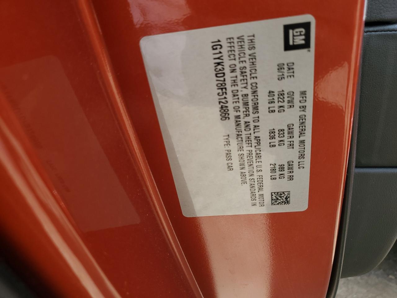 1G1YK3D78F5124866 2015 Chevrolet Corvette Stingray Z51 2Lt