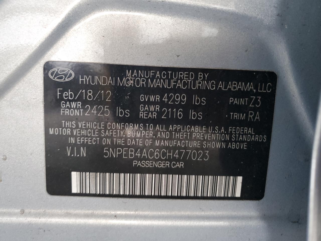 5NPEB4AC6CH477023 2012 Hyundai Sonata Gls