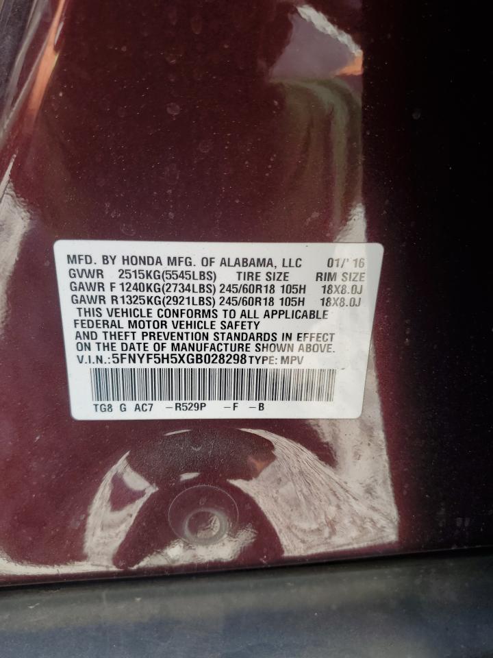 5FNYF5H5XGB028298 2016 Honda Pilot Exl