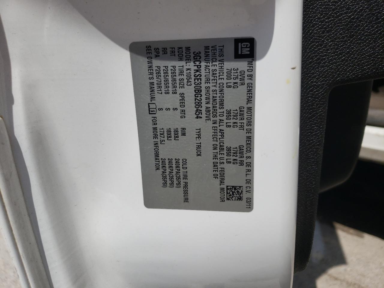 3GCPKSE30BG286454 2011 Chevrolet Silverado K1500 Lt