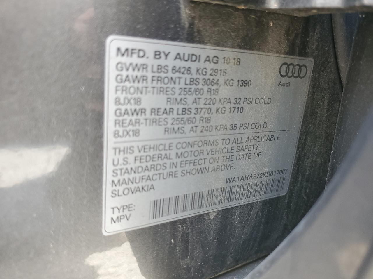 WA1AHAF72KD017007 2019 Audi Q7 Premium