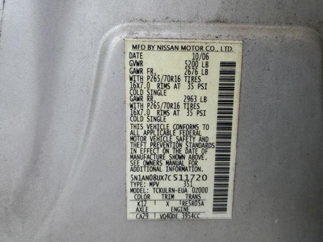 2007 Nissan Xterra Off Road VIN: 5N1AN08UX7C511720 Lot: 57715264