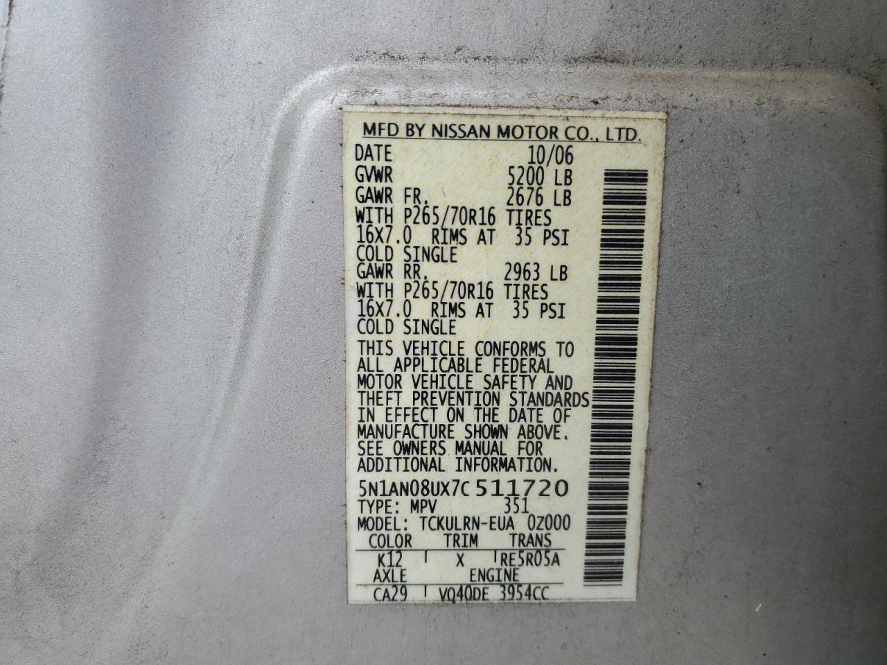 5N1AN08UX7C511720 2007 Nissan Xterra Off Road