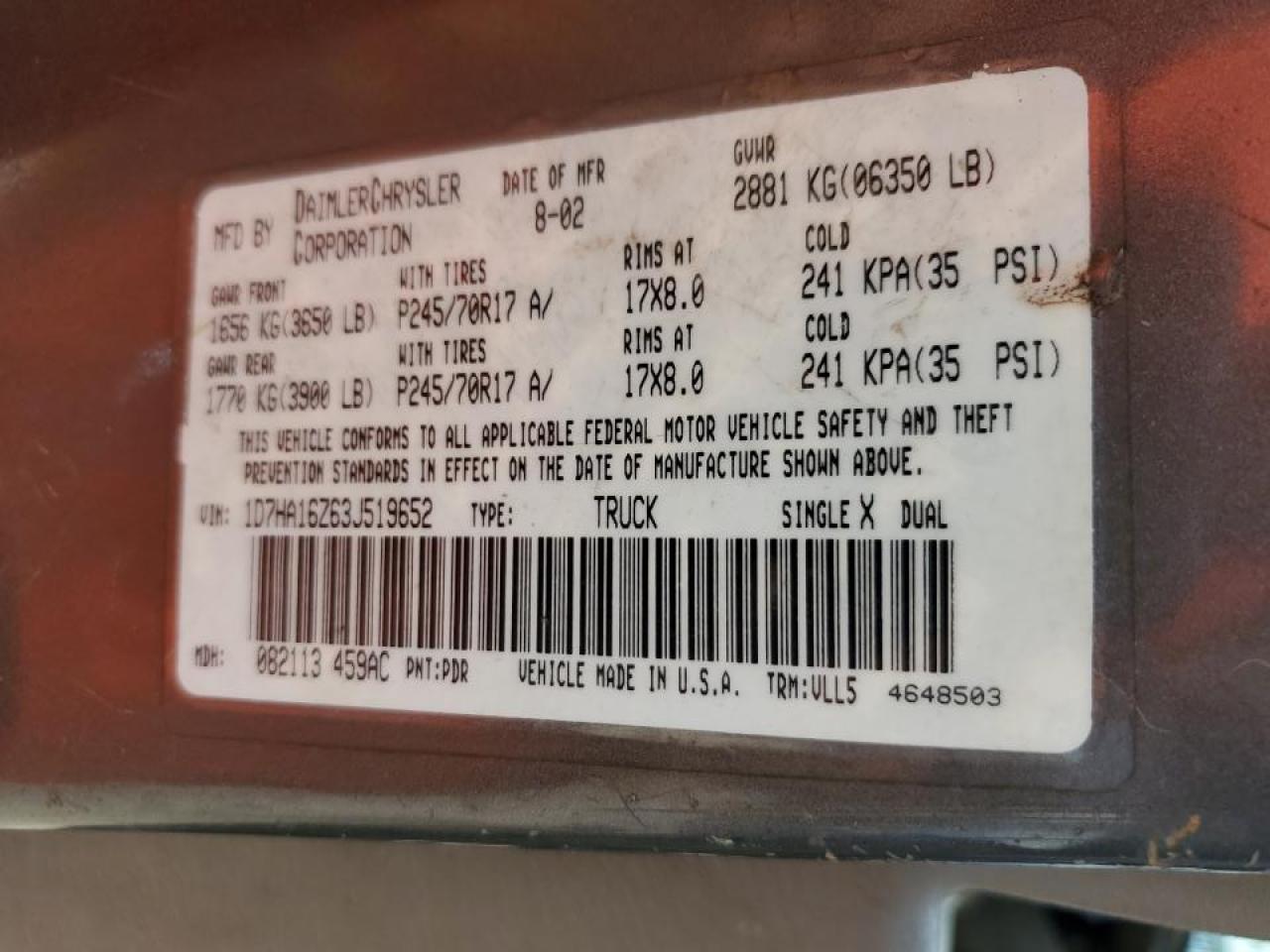 1D7HA16Z63J519652 2003 Dodge Ram 1500 St