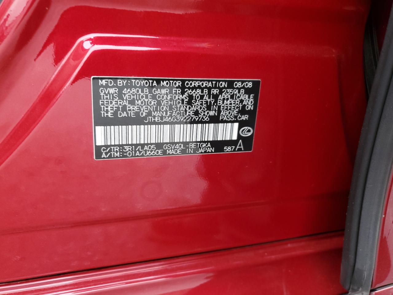 JTHBJ46G392279736 2009 Lexus Es 350