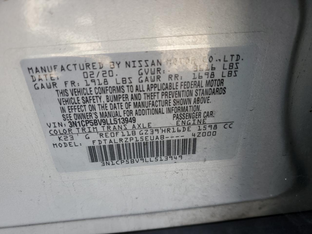 3N1CP5BV9LL513949 2020 Nissan Kicks S