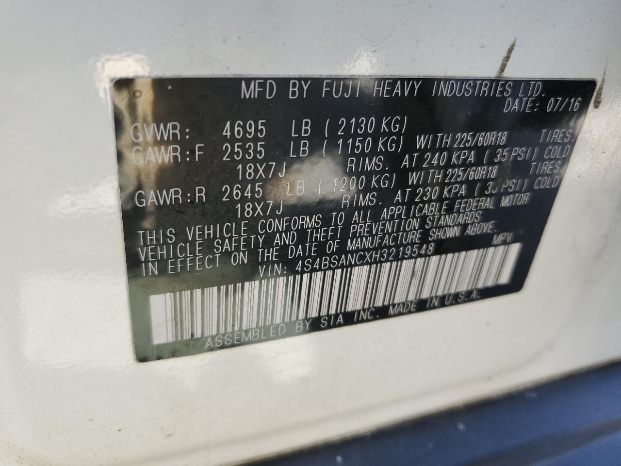 4S4BSANCXH3219548 2017 Subaru Outback 2.5I Limited