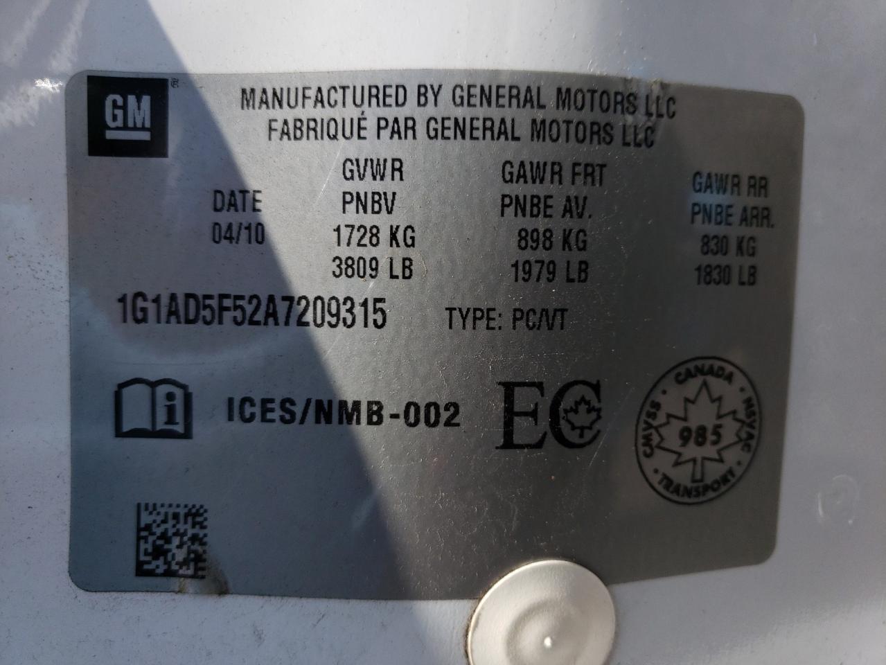 1G1AD5F52A7209315 2010 Chevrolet Cobalt 1Lt