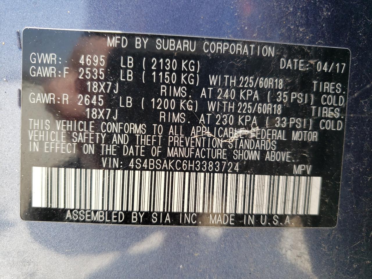 4S4BSAKC6H3383724 2017 Subaru Outback 2.5I Limited