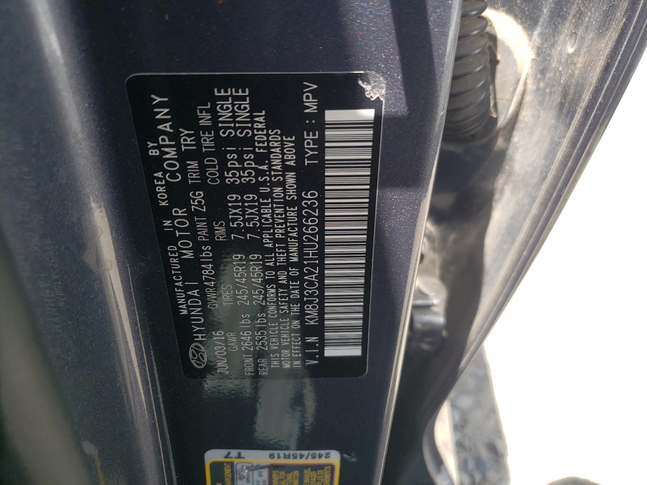 KM8J3CA21HU266236 2017 Hyundai Tucson Limited