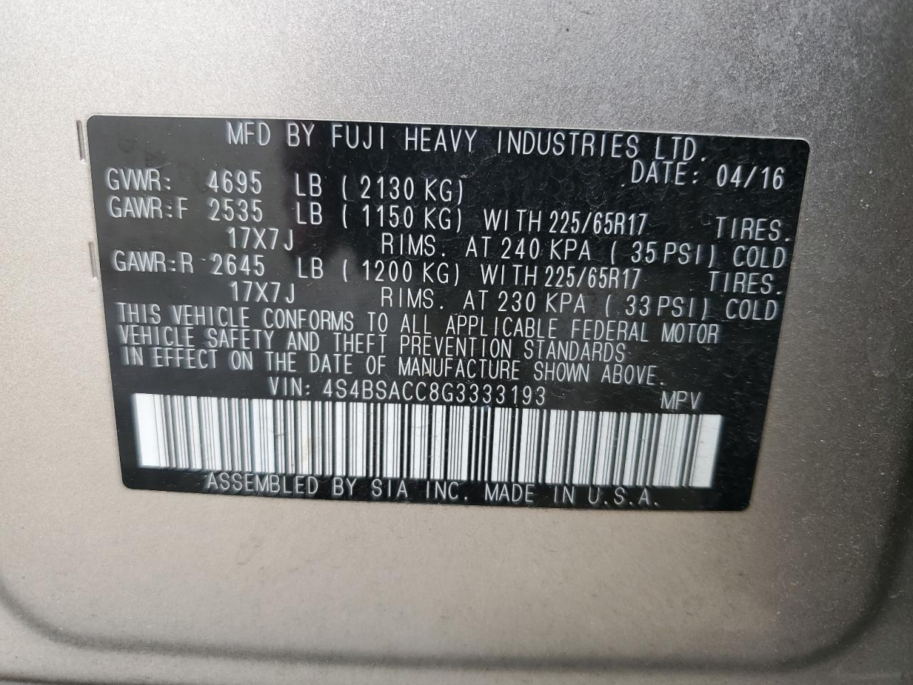 4S4BSACC8G3333193 2016 Subaru Outback 2.5I Premium