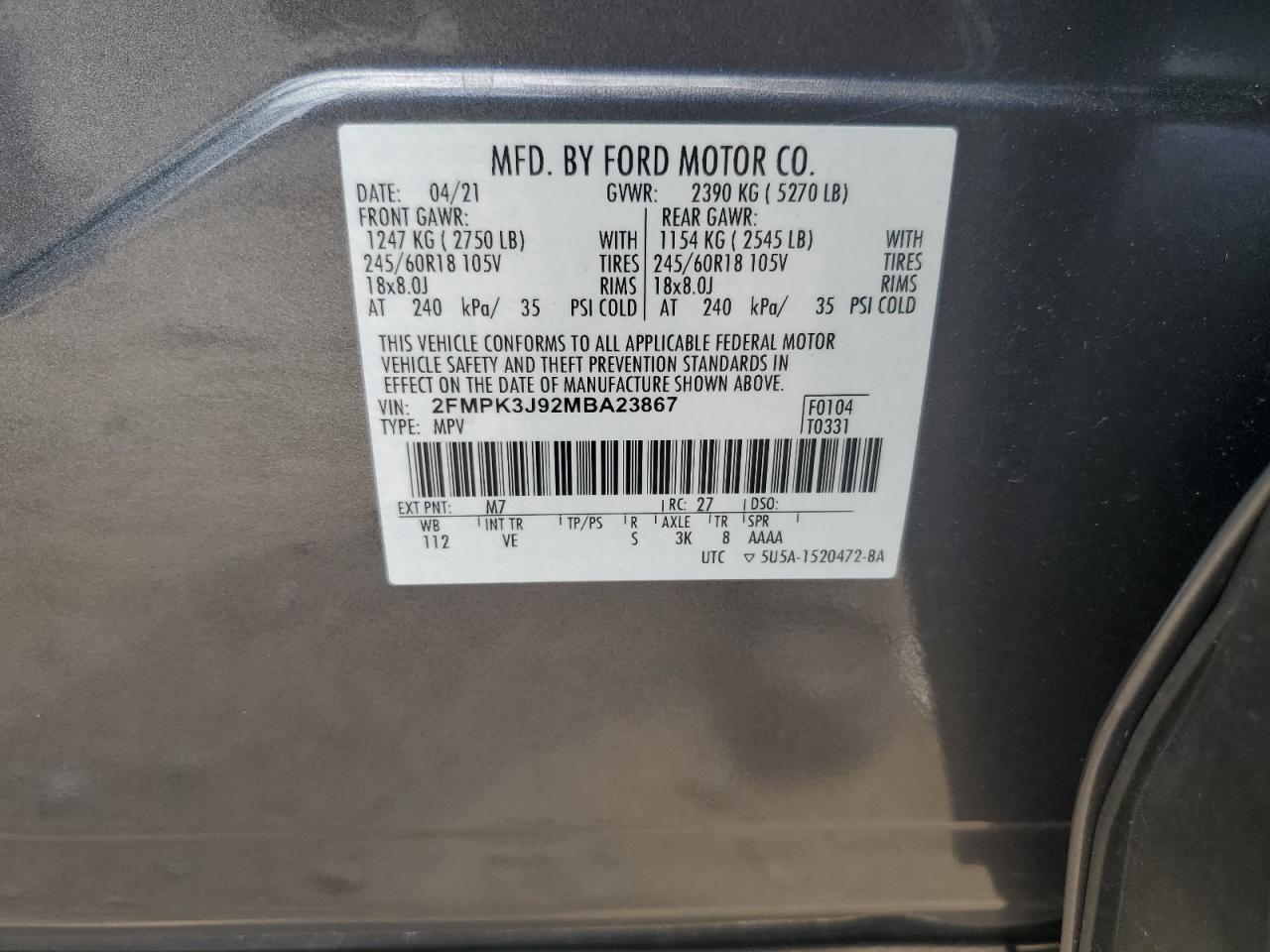 2FMPK3J92MBA23867 2021 Ford Edge Sel