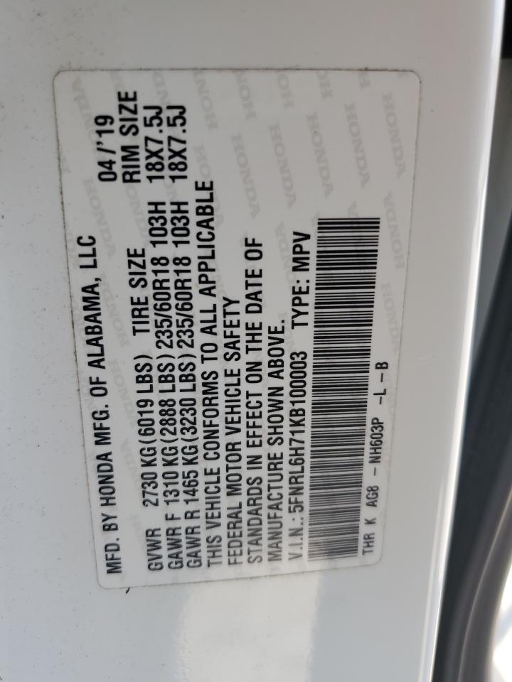 5FNRL6H71KB100003 2019 Honda Odyssey Exl