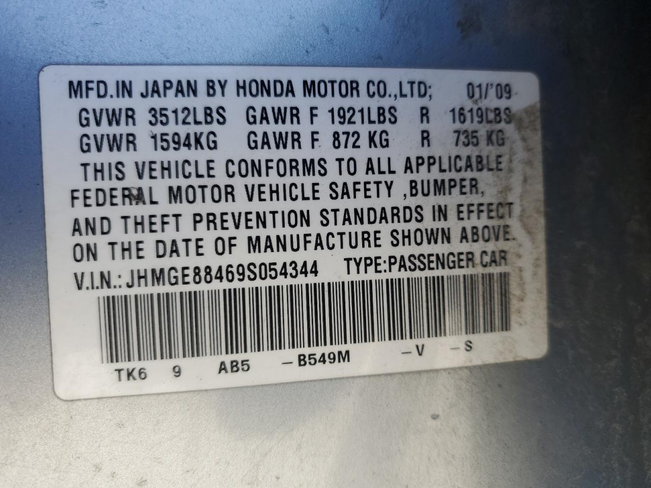 JHMGE88469S054344 2009 Honda Fit Sport