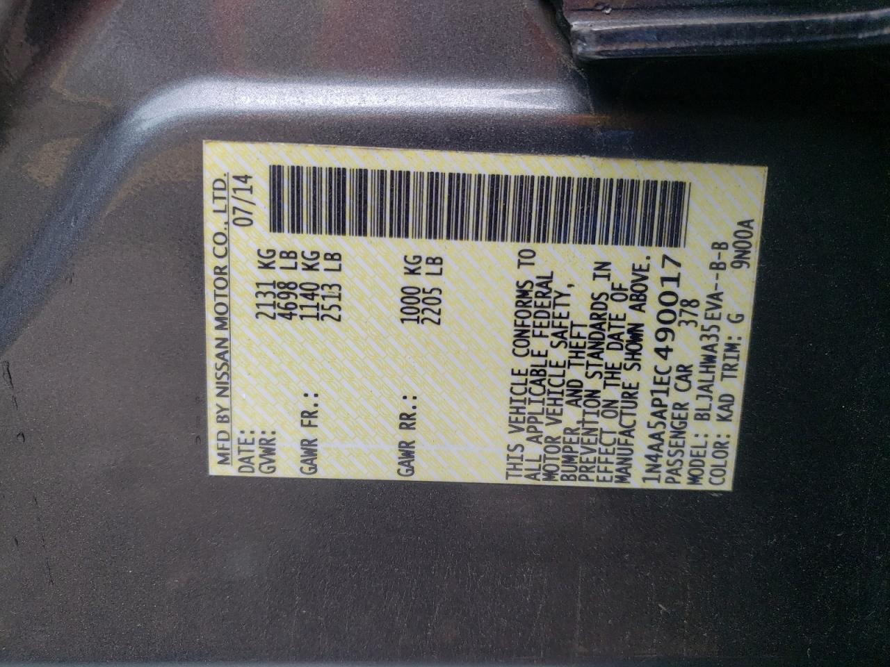 1N4AA5AP1EC490017 2014 Nissan Maxima S