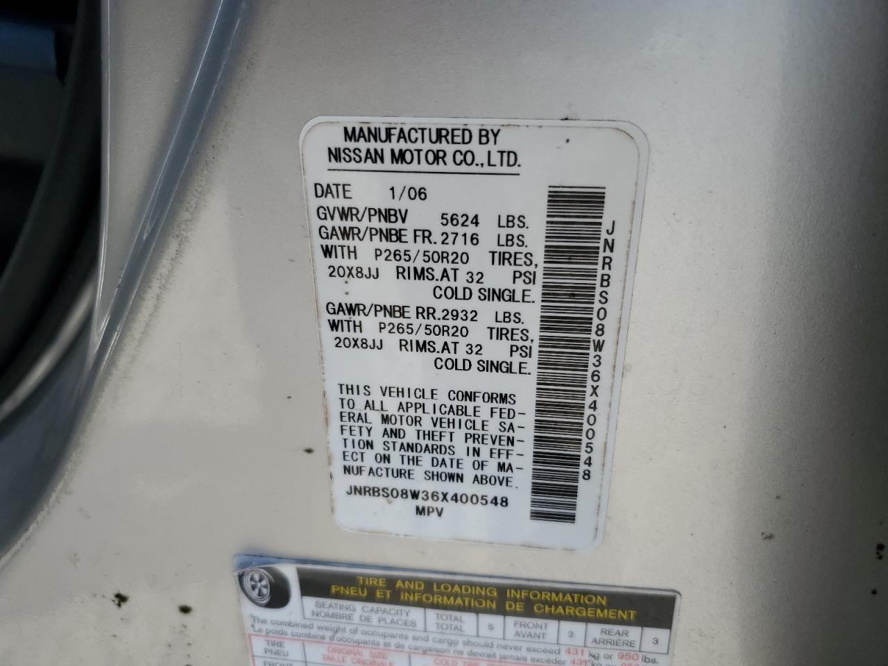 JNRBS08W36X400548 2006 Infiniti Fx45