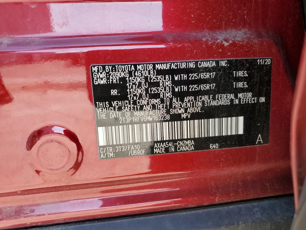 2T3P1RFV6MW163238 2021 Toyota Rav4 Xle