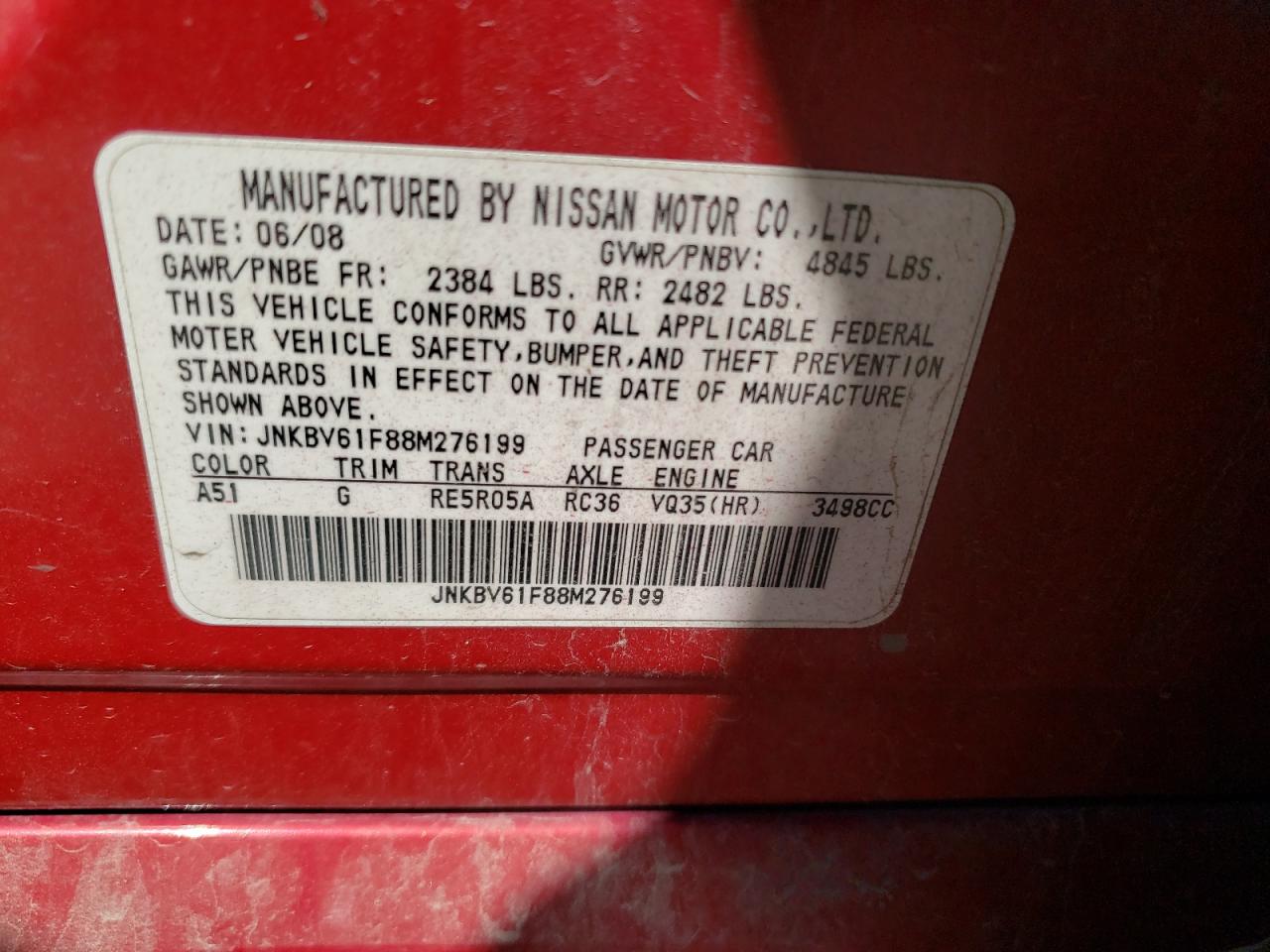 JNKBV61F88M276199 2008 Infiniti G35