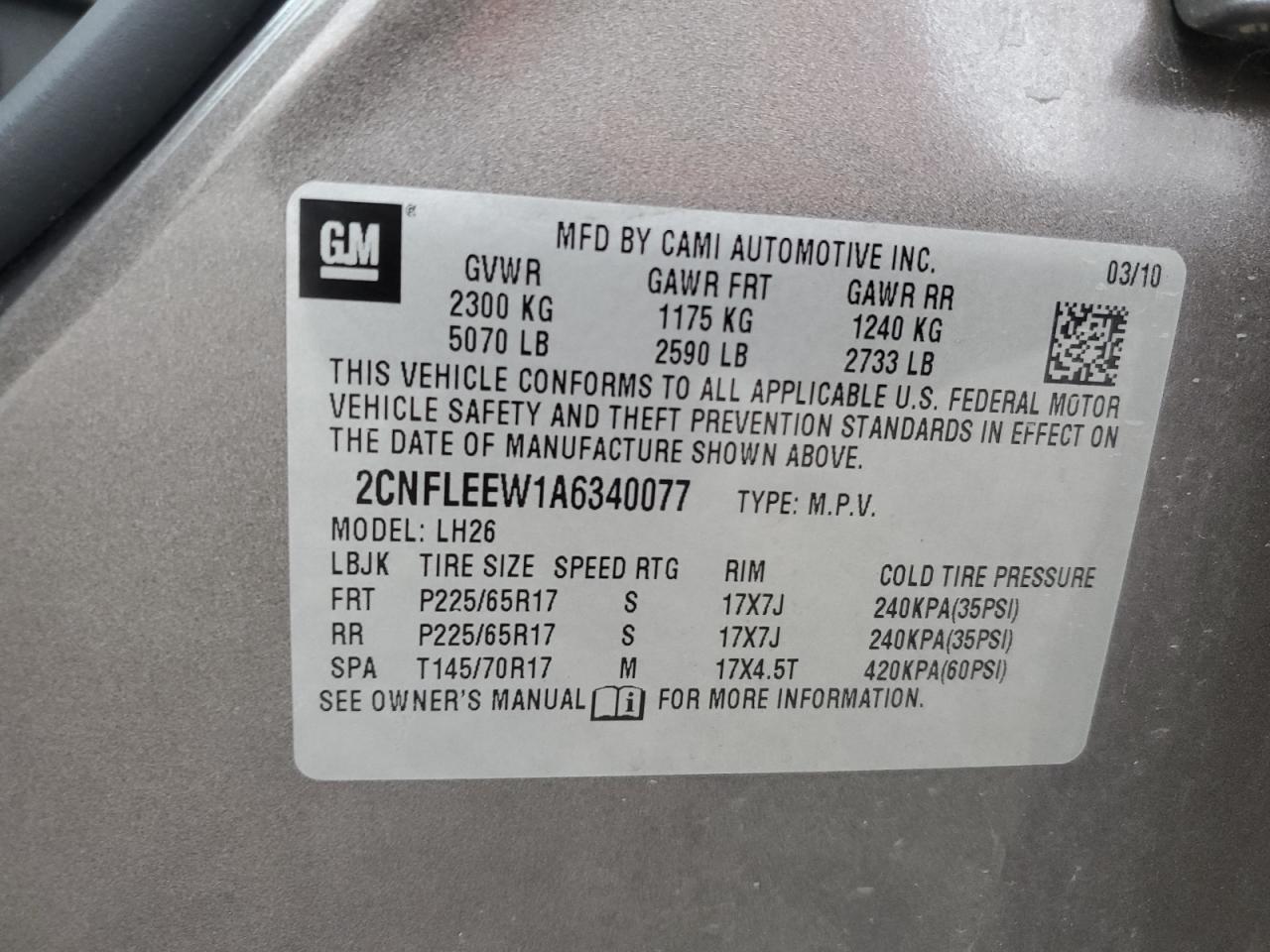 2CNFLEEW1A6340077 2010 Chevrolet Equinox Lt