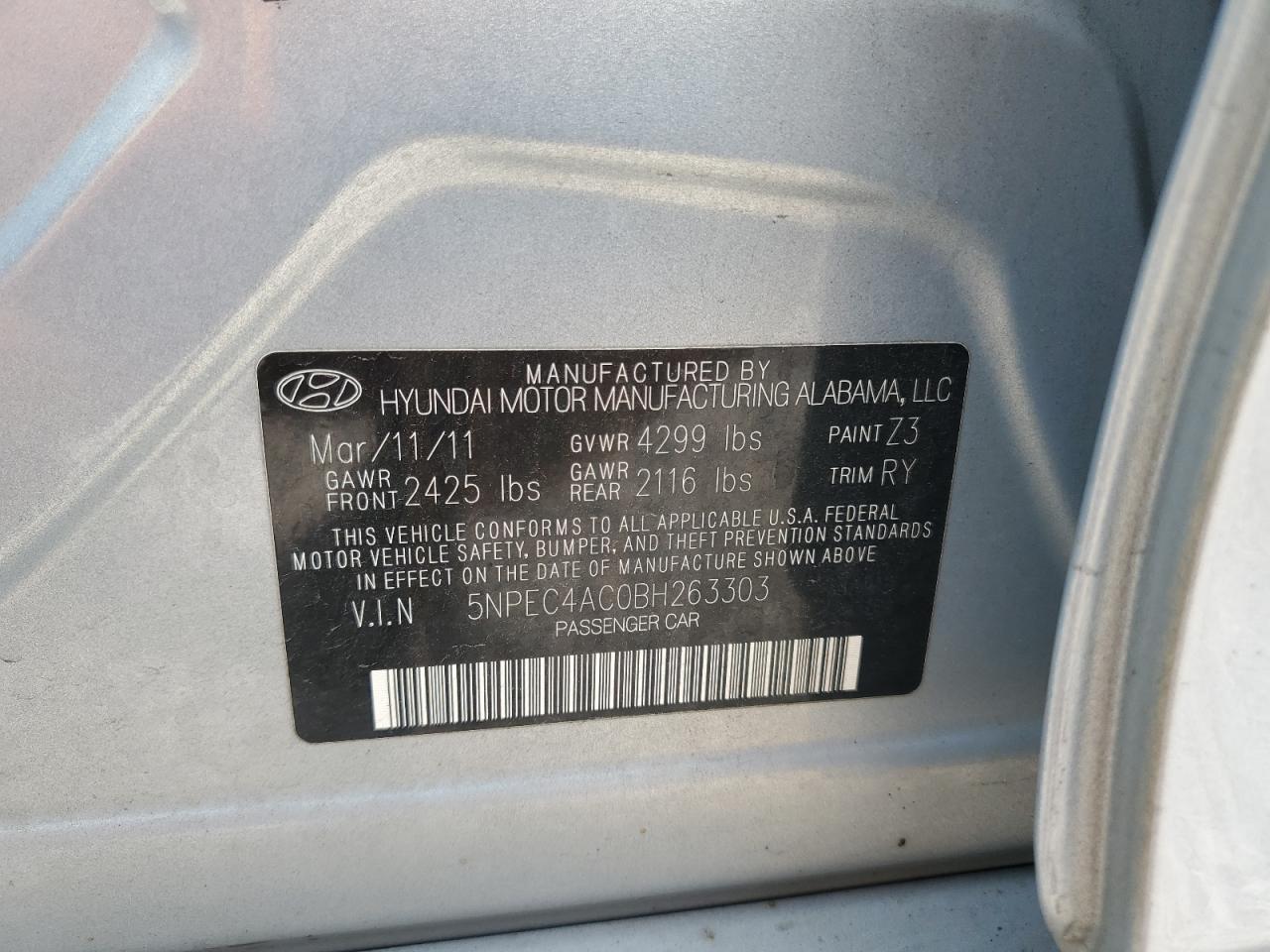 5NPEC4AC0BH263303 2011 Hyundai Sonata Se