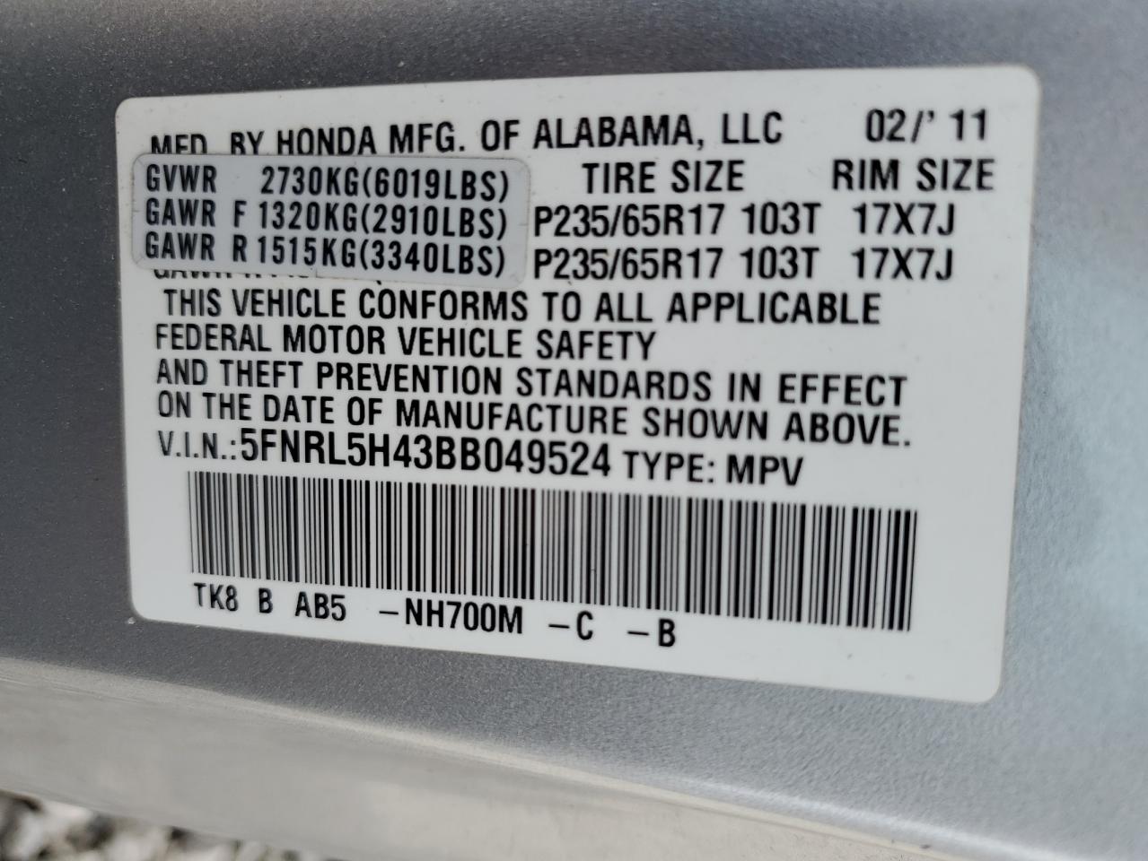 5FNRL5H43BB049524 2011 Honda Odyssey Ex