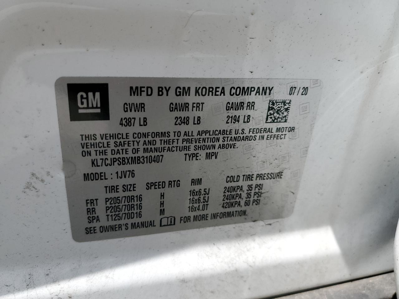 KL7CJPSBXMB310407 2021 Chevrolet Trax 1Lt