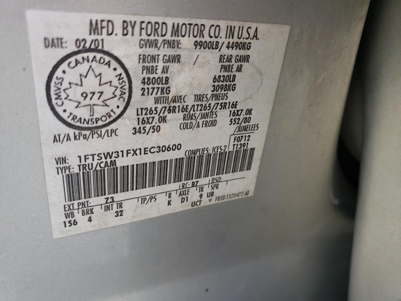 1FTSW31FX1EC30600 2001 Ford F350 Srw Super Duty