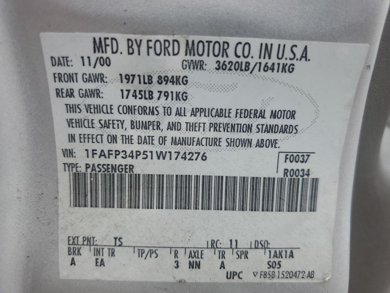 1FAFP34P51W174276 2001 Ford Focus Se