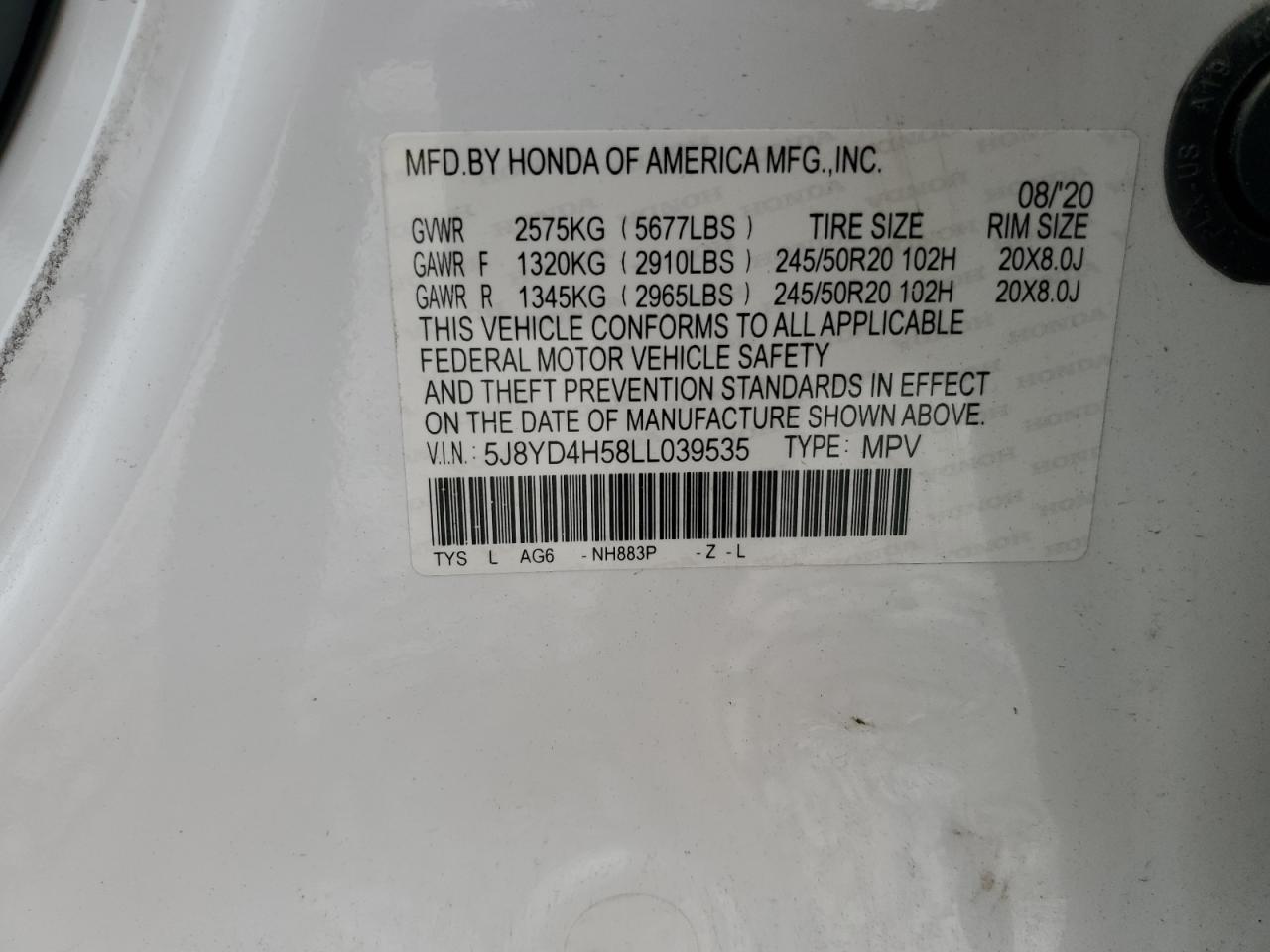 5J8YD4H58LL039535 2020 Acura Mdx Technology
