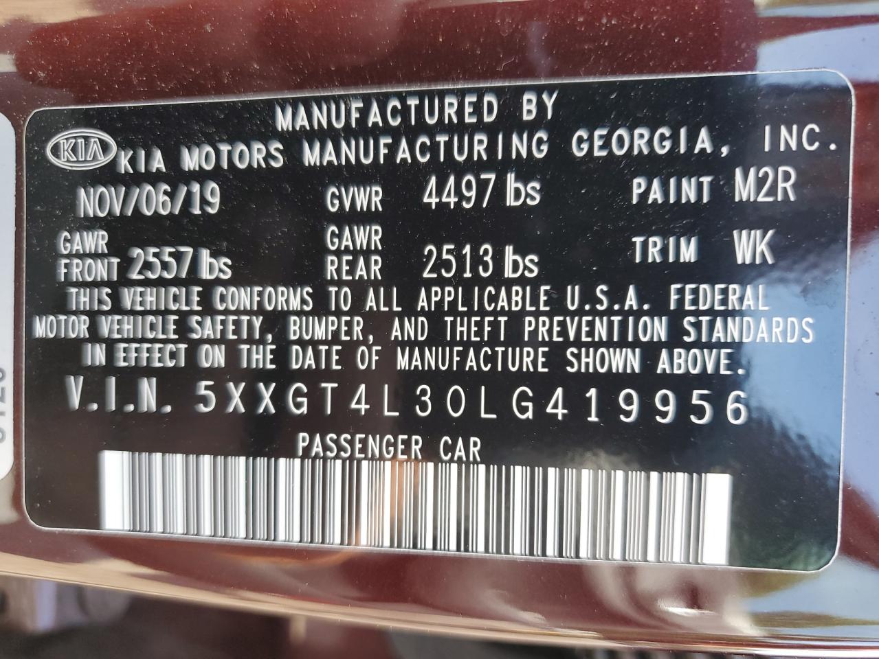 5XXGT4L30LG419956 2020 Kia Optima Lx