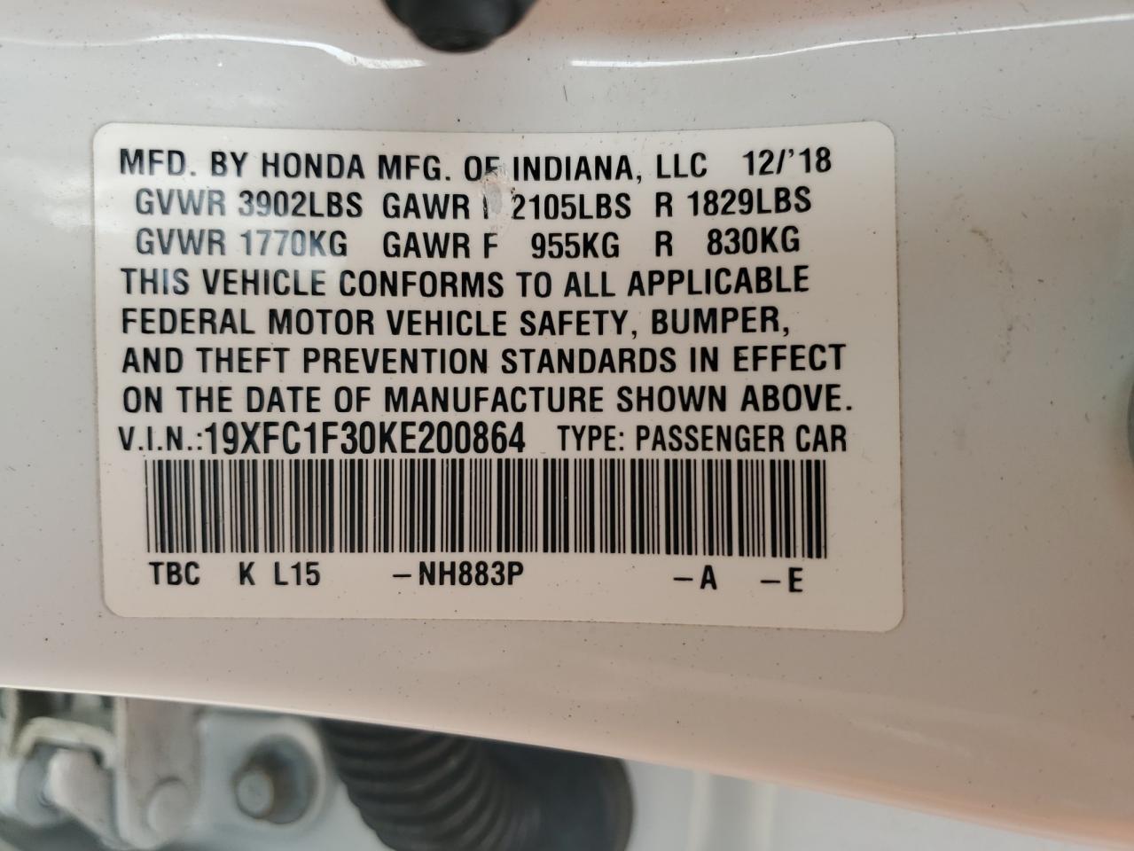 2019 Honda Civic Ex vin: 19XFC1F30KE200864