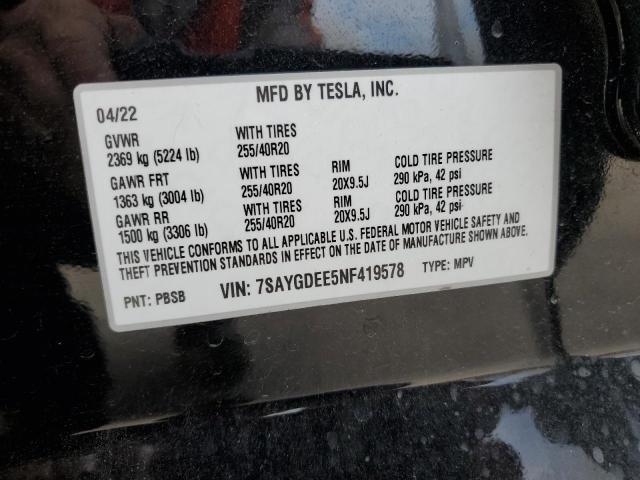 2022 Tesla Model Y VIN: 7SAYGDEE5NF419578 Lot: 59838204