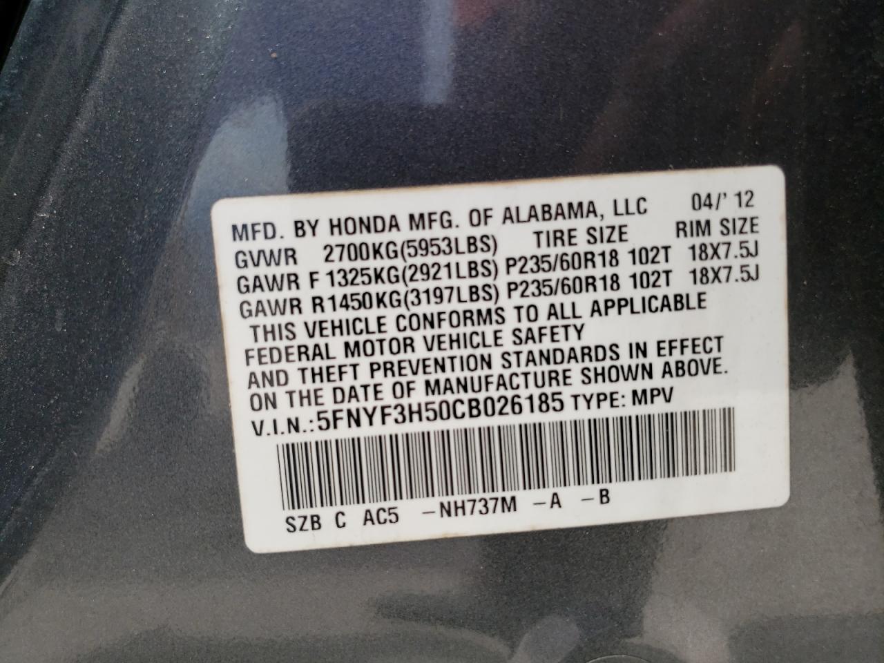 5FNYF3H50CB026185 2012 Honda Pilot Exl