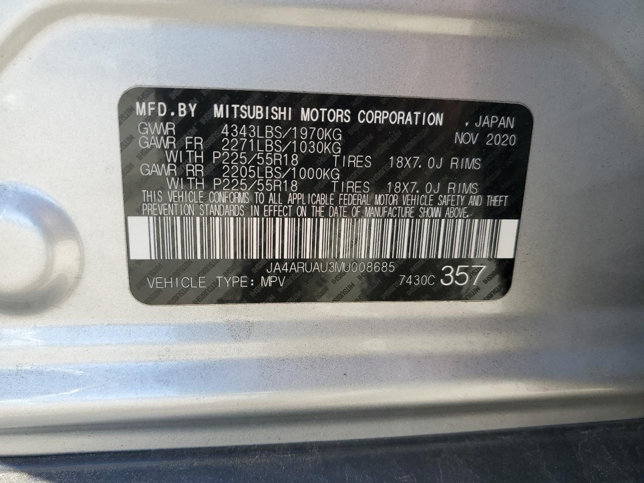 JA4ARUAU3MU008685 2021 Mitsubishi Outlander Sport Es