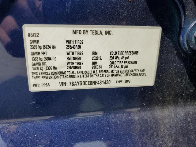 2022 Tesla Model Y VIN: 7SAYGDEE8NF481430 Lot: 58951064