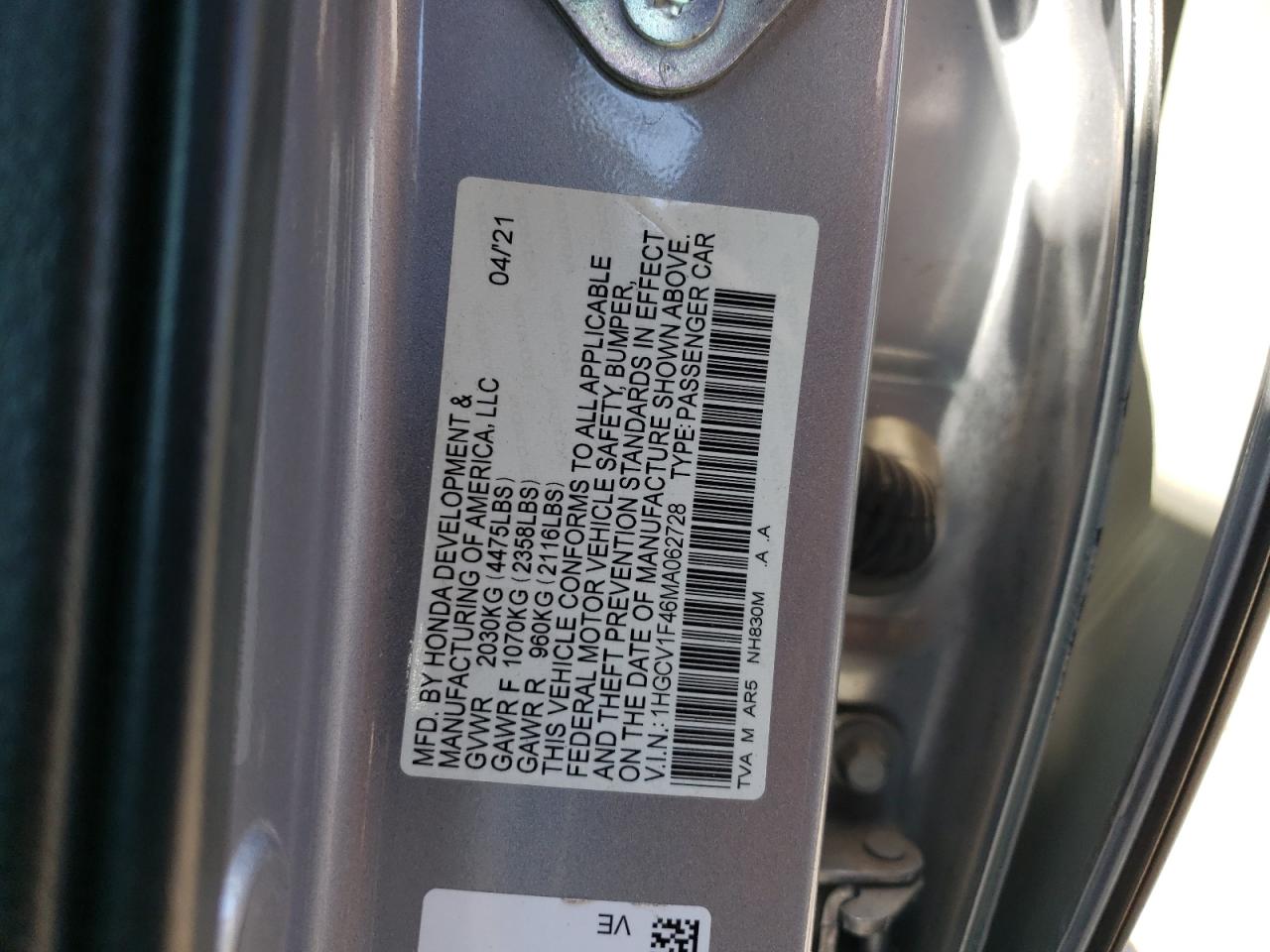1HGCV1F46MA062728 2021 Honda Accord Sport Se