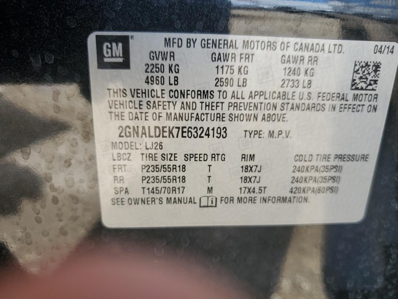 2GNALDEK7E6324193 2014 Chevrolet Equinox Ltz