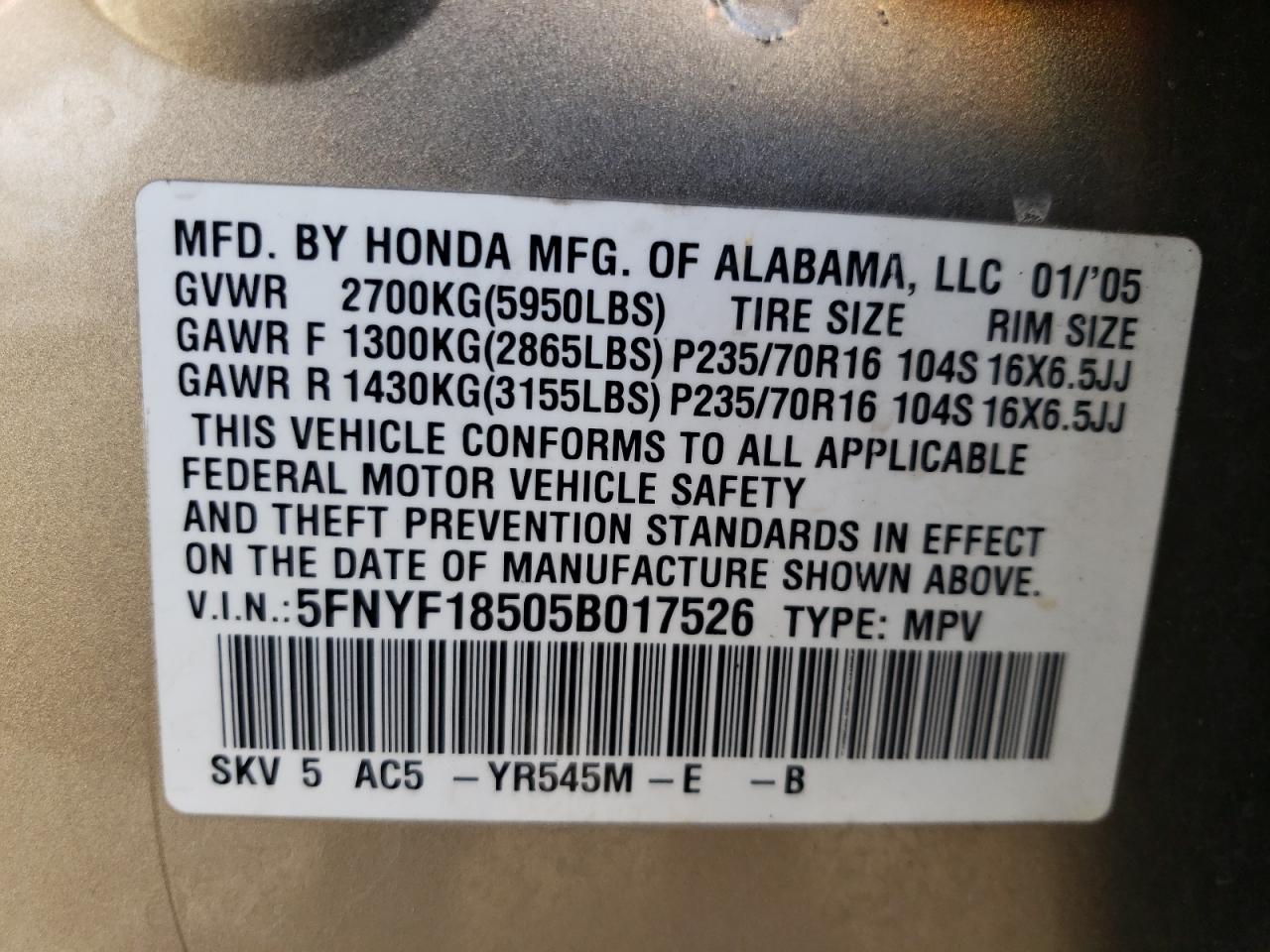 5FNYF18505B017526 2005 Honda Pilot Exl