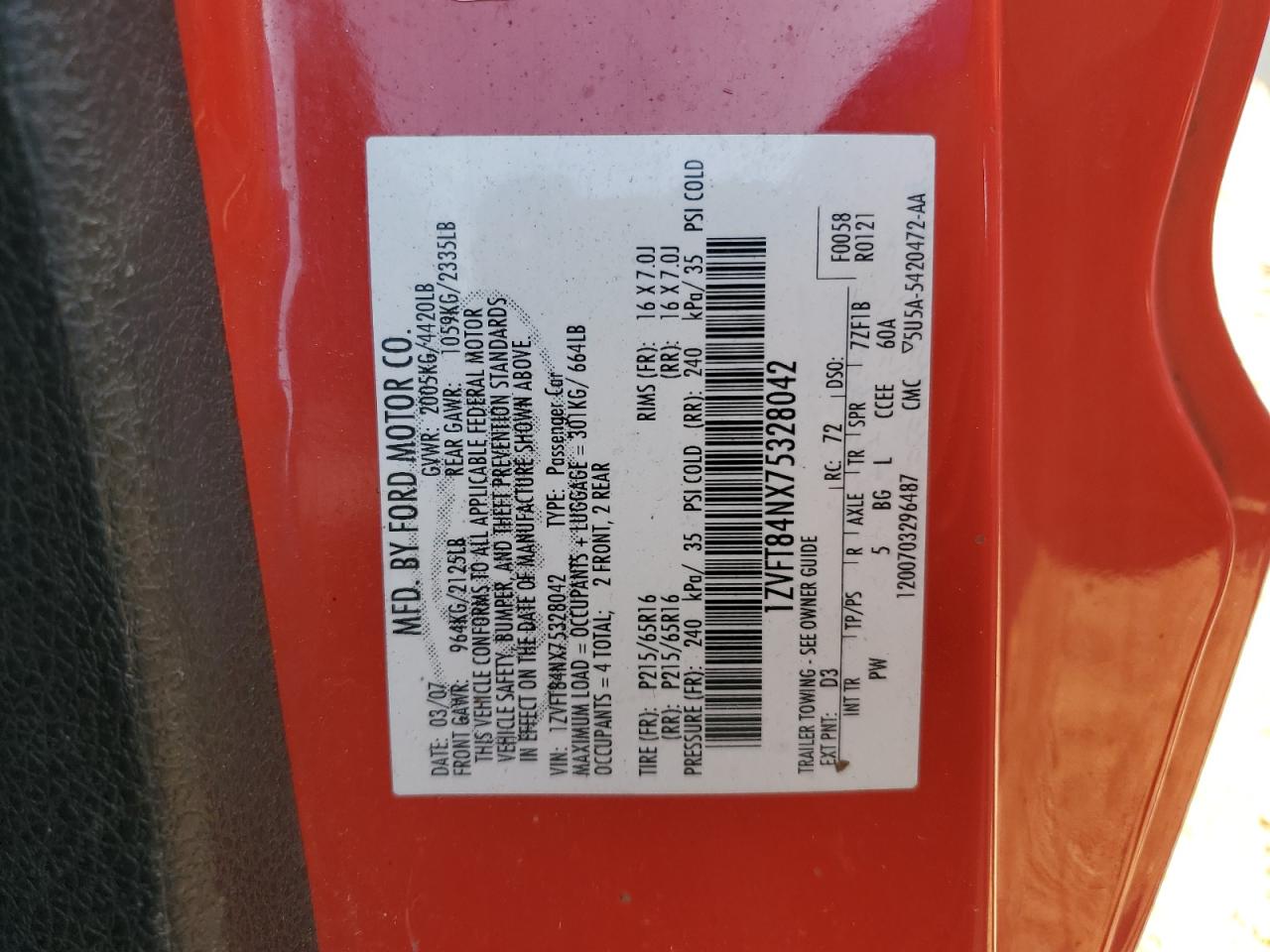 1ZVFT84NX75328042 2007 Ford Mustang