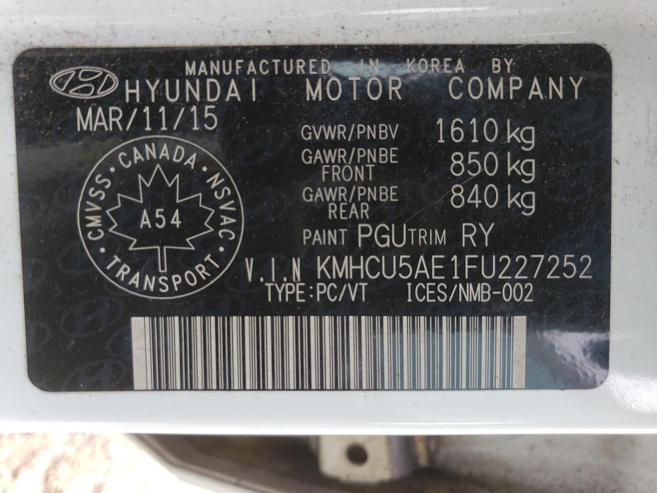 KMHCU5AE1FU227252 2015 Hyundai Accent Gls