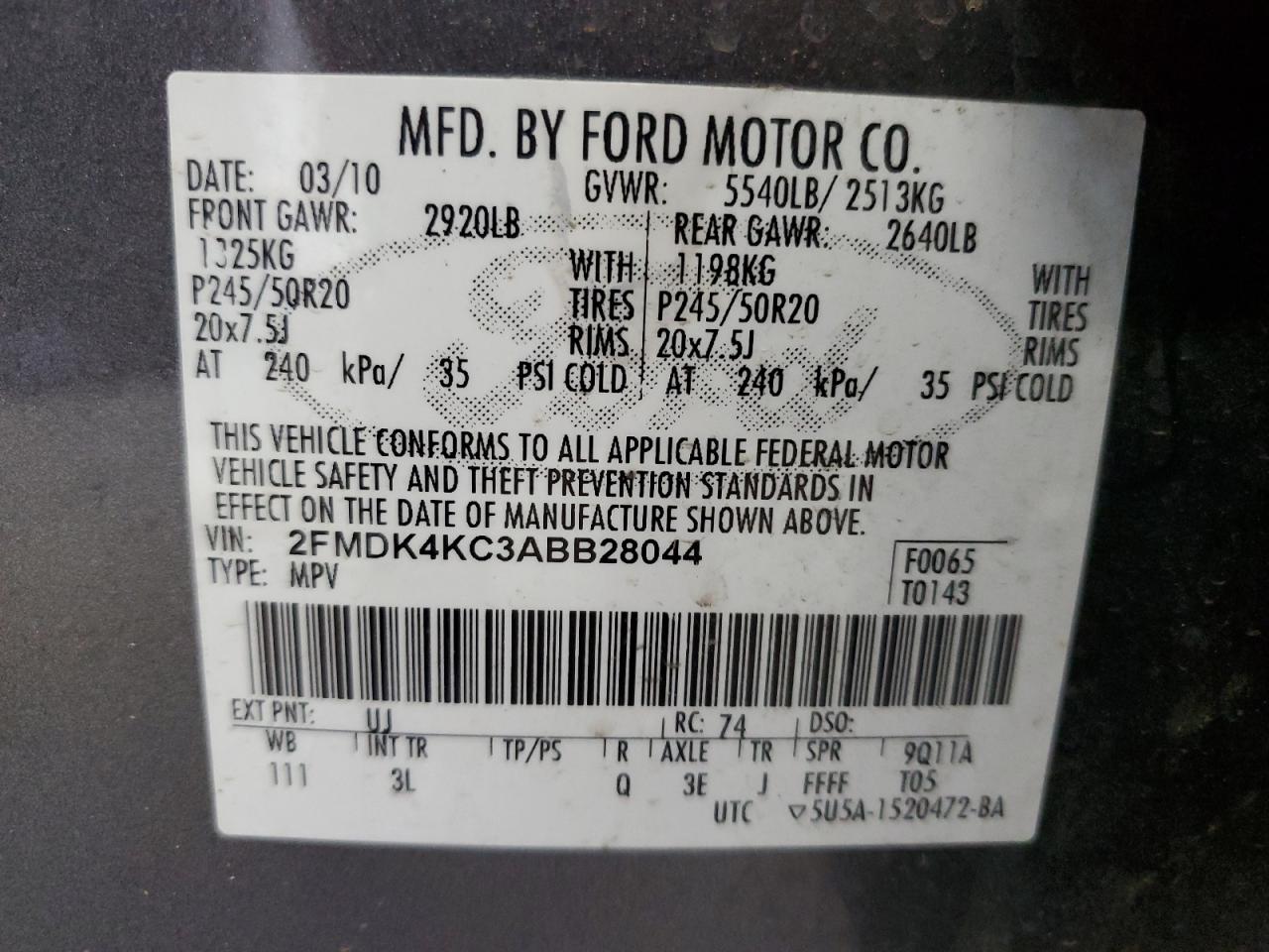 2FMDK4KC3ABB28044 2010 Ford Edge Limited