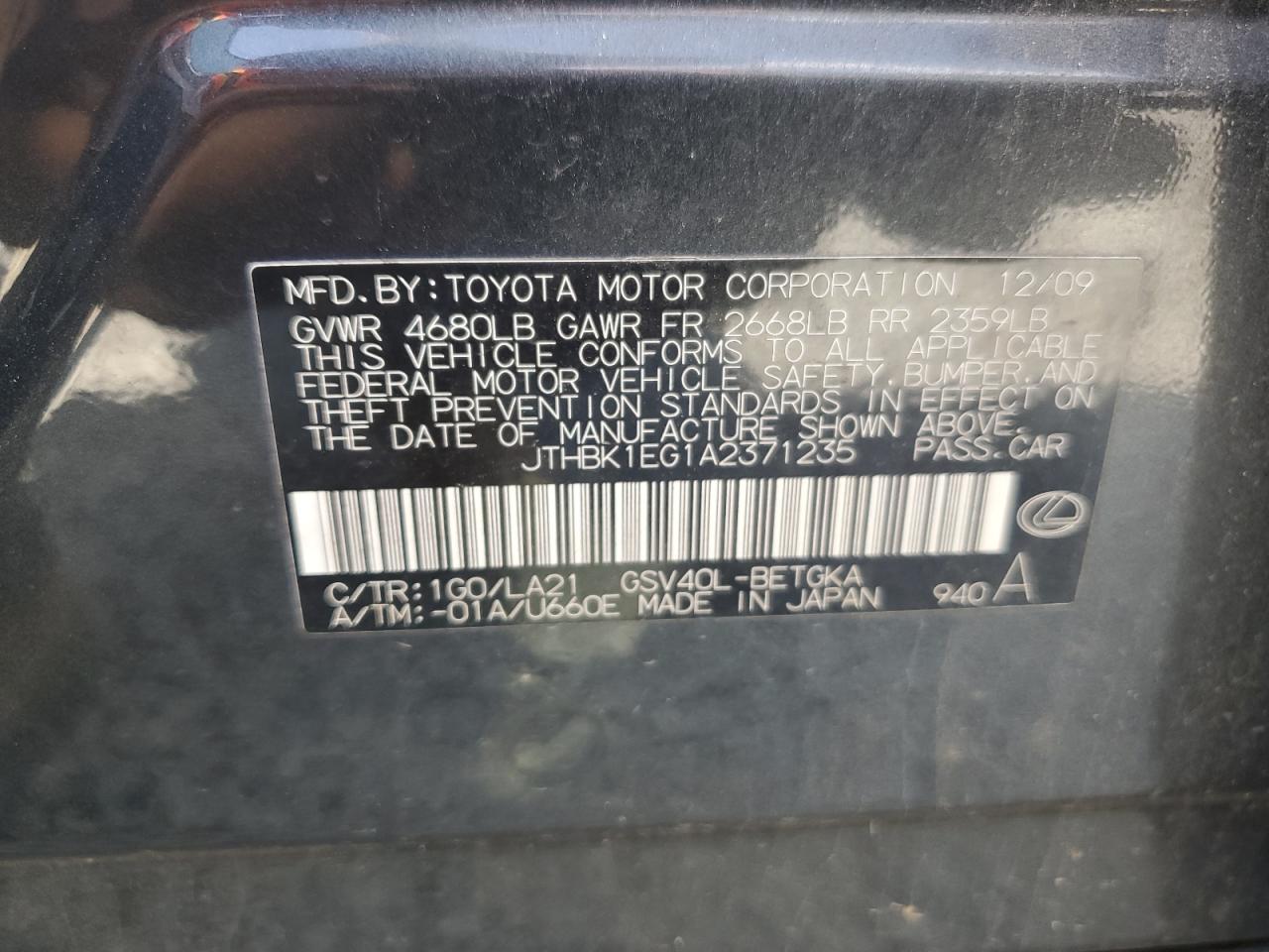 JTHBK1EG1A2371235 2010 Lexus Es 350